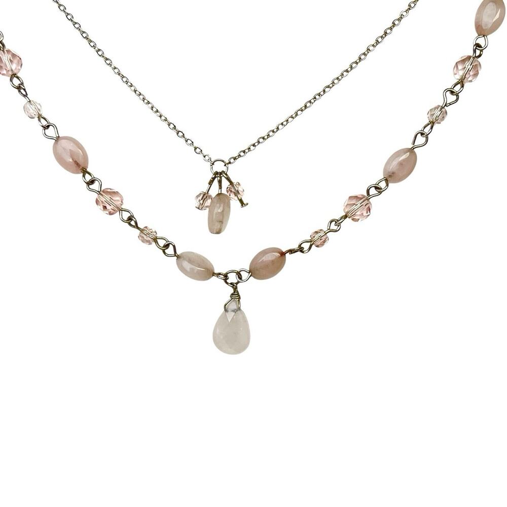 Rose Quartz Pendant Necklace Pink Faceted Glass Beads Double Chain Silver Tone